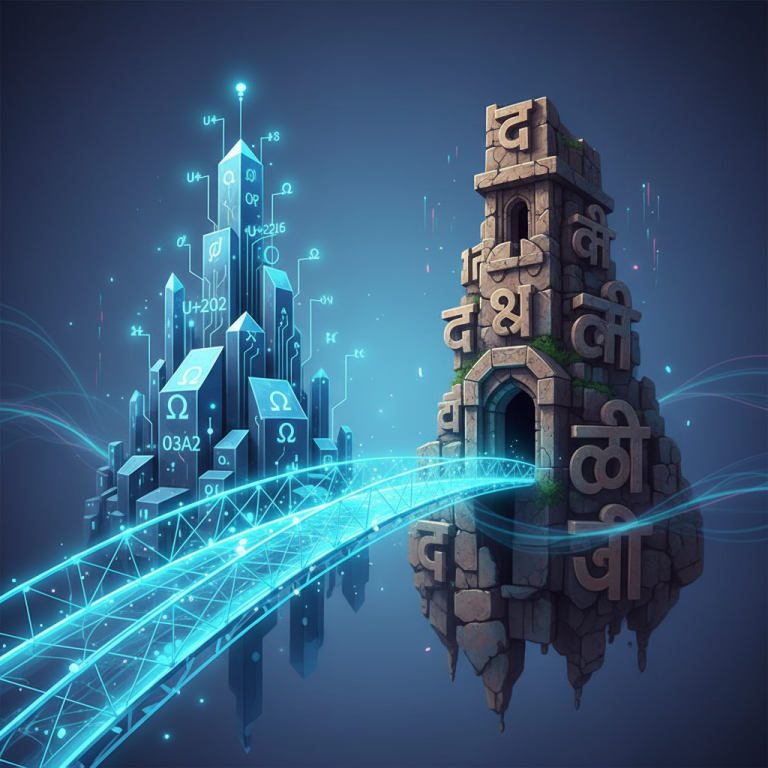 Digital bridge connecting Unicode text standards to legacy DG Marathi font structure, symbolizing the Unicode to DG Converter.