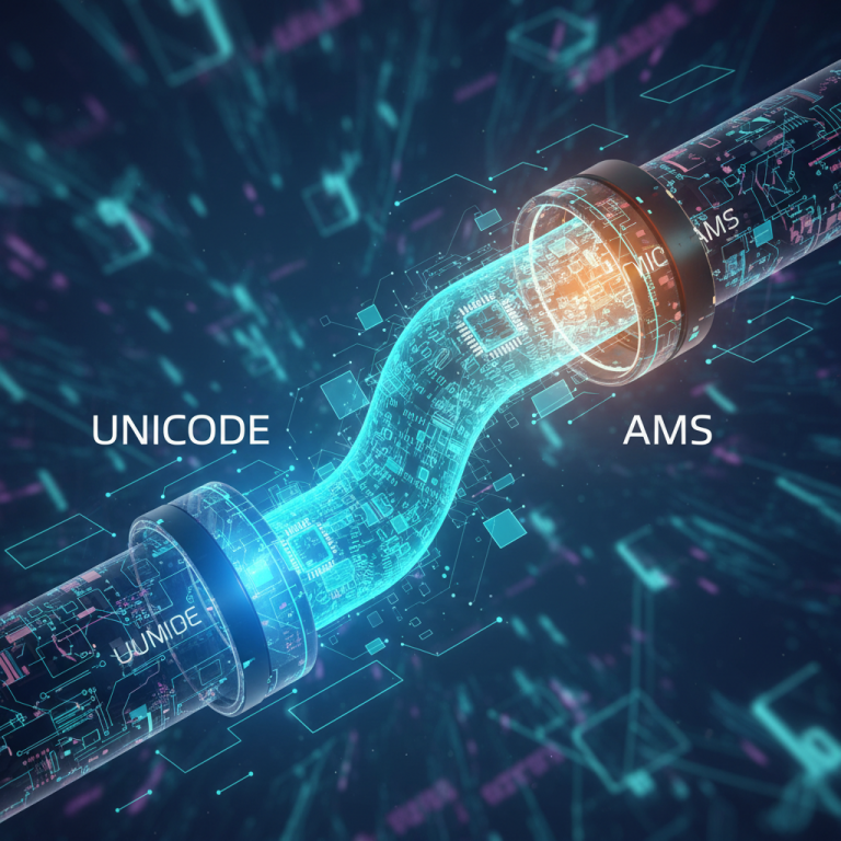 Unicode to AMS Converter tool interface showing digital transformation and legacy text bridging.