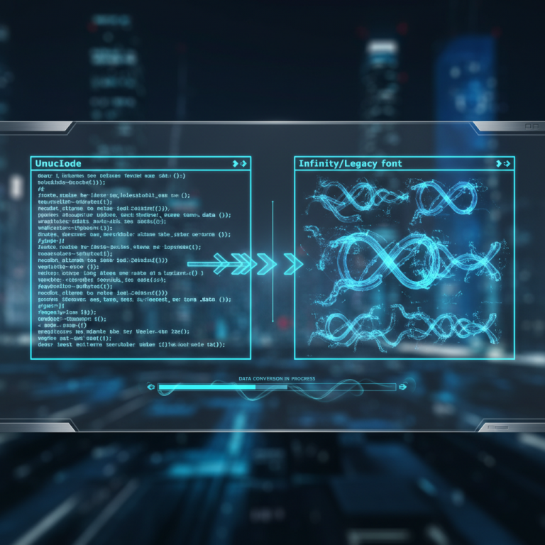 यूनिकोड और लिगेसी इनफिनिटी फॉन्ट के बीच रूपांतरण दिखाता हुआ डिजिटल इंटरफ़ेस।