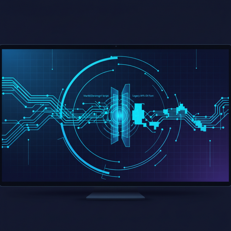 यूनिकोड से एपीएस-डीवी फॉन्ट कनवर्टर प्रक्रिया दर्शाने वाला डिजिटल ग्राफिक्स।