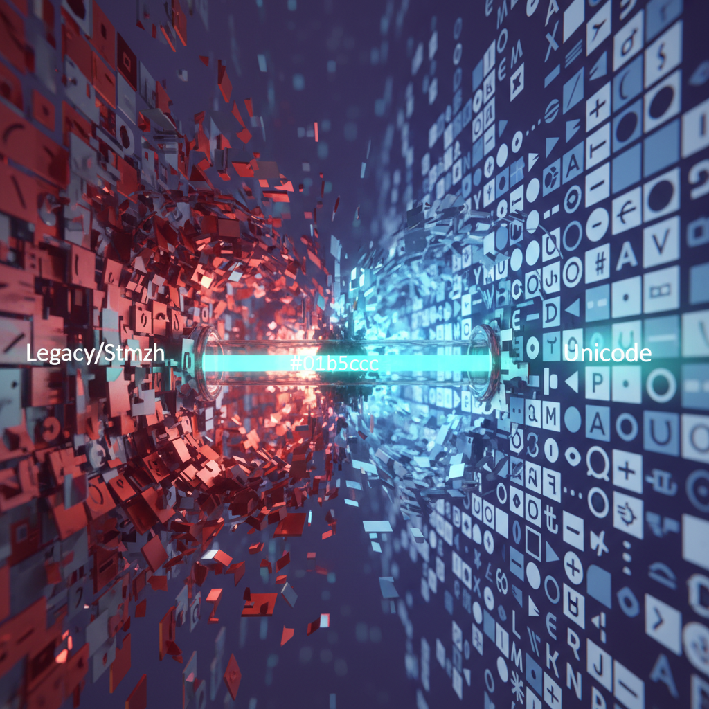 Legacy vs. Unicode Encoding Complex legacy font system transitioning to clean modern encoding.