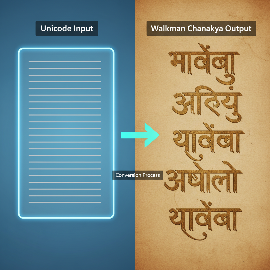 Illustrating the step-by-step conversion from Unicode to Walkman Chanakya using an online tool.