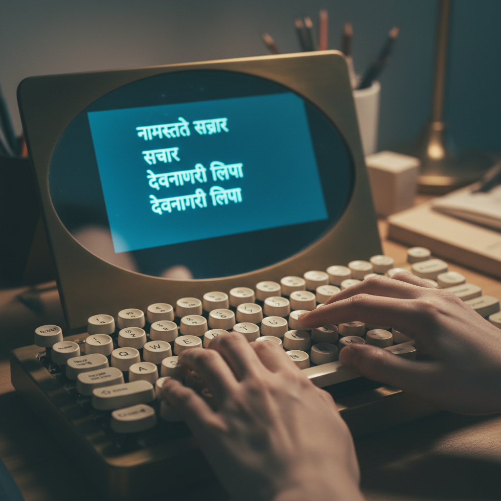 मराठी टाइपिंग के लिए पुराने और नए फॉन्ट का समन्वय दर्शाते हाथ।