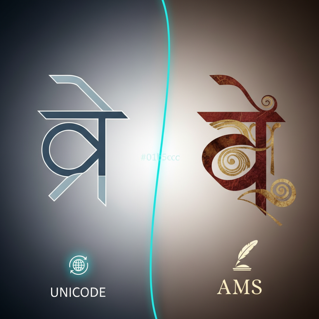 यूनिकोड और एएमएस फॉन्ट की तुलना दर्शाने वाला विज़ुअल।