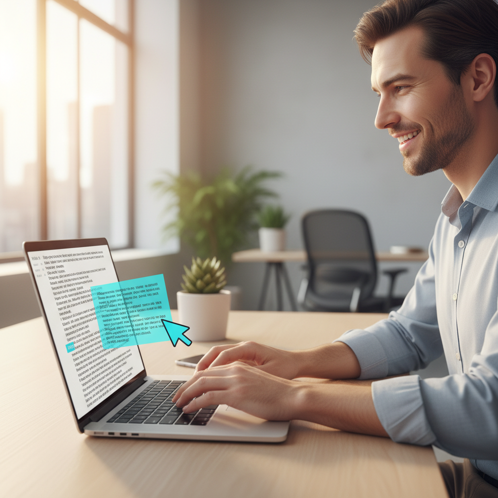 लैपटॉप पर आसानी से यूनिकोड टेक्स्ट कॉपी करते हुए एक उपयोगकर्ता।