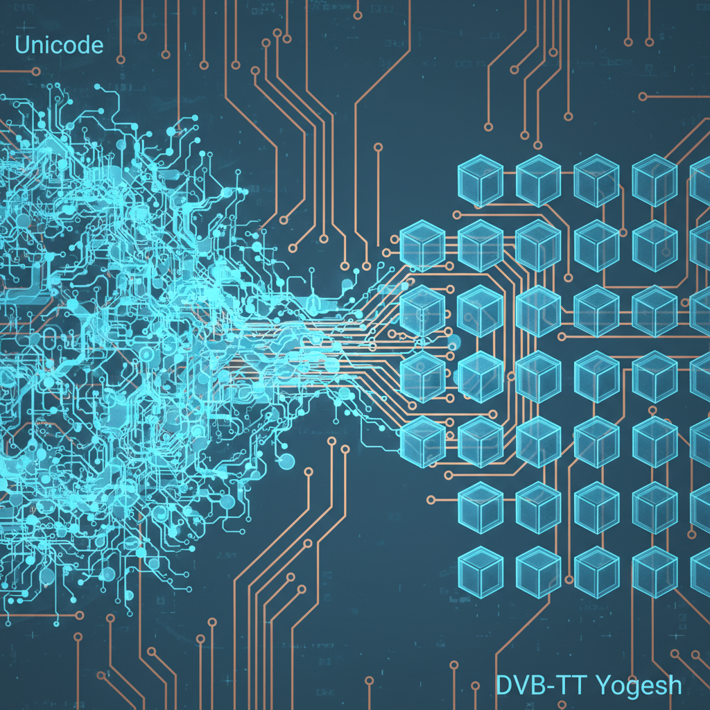 युनिकोड ते डीव्हीबी-टीटी योगेश डेटा एन्कोडिंग रूपांतरणाचे तांत्रिक आरेखन.