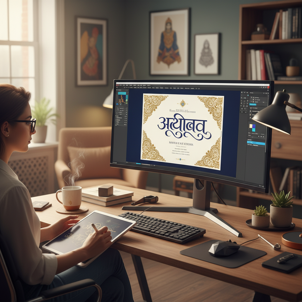 Graphic designer applying AMS Calligraphy fonts to a professional print layout.