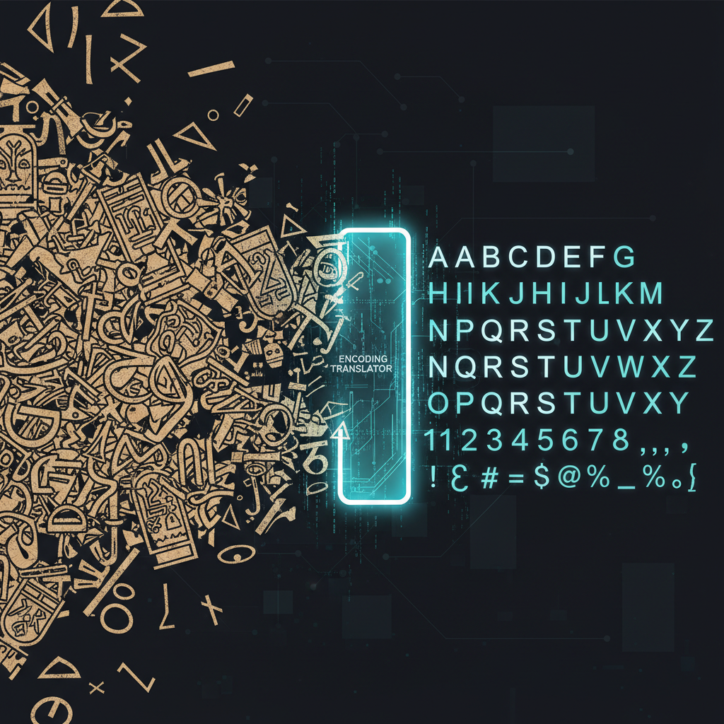 Abstract graphic showing data encoding and decoding from proprietary systems to Unicode standard.