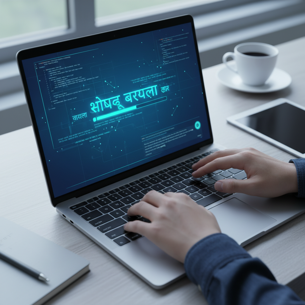 लैपटॉप पर यूनिकोड टेक्स्ट टाइप करते हुए उपयोगकर्ता।