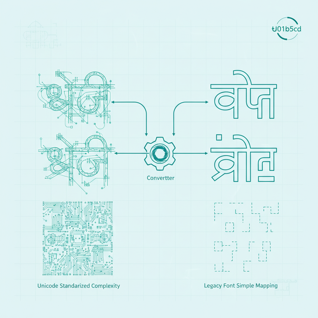 A visualization of the technical differences between Unicode mapping and AMS legacy encoding.