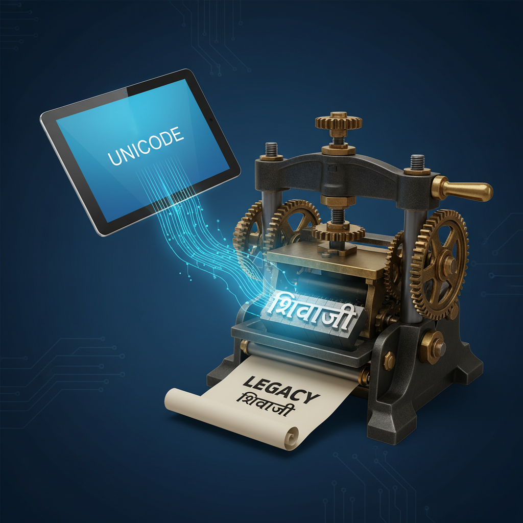 डेटा प्रवाह: युनिकोड प्रणालीतून लेगसी फॉन्ट सिस्टीममध्ये.
